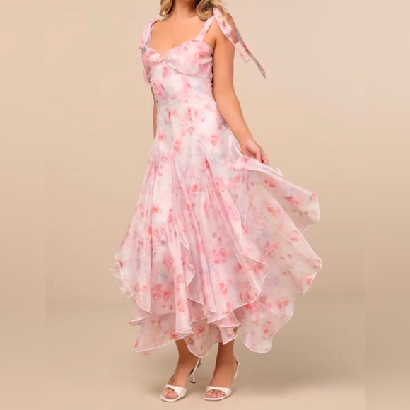 Lulus Dresses & Skirts - Lulus Cliona Blush Pink Floral Pleated Tie-Strap Maxi Dress, Size XL